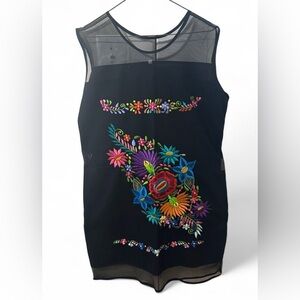 ARTISAN Multi-Color Floral Embroidered Mexican Dress Black Mesh Boho Tunic